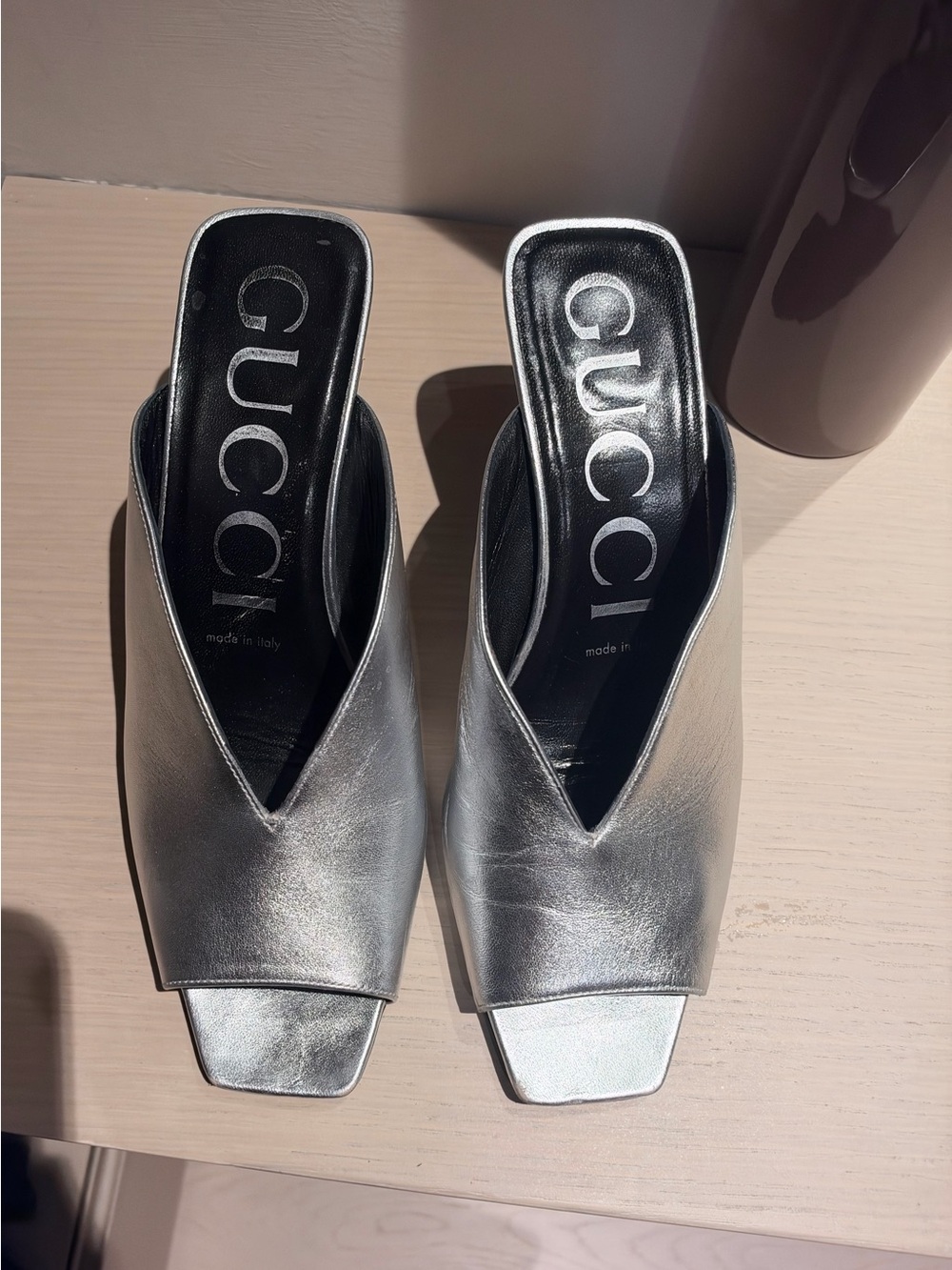Gucci Metallic Silver Open-Toe Mule Heels – Size 39